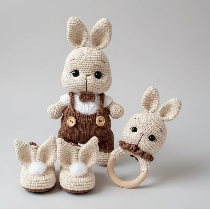 Handmade Crochet Bunny Toy in Brown Jumpsuit and White Jumper