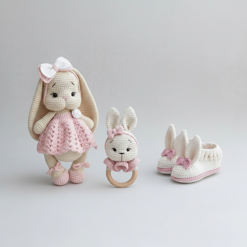 Crochet Cute Bunny with Pink Dress 3pc