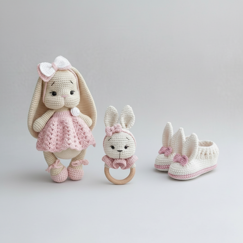 Crochet Cute Bunny with Pink Dress 3pc