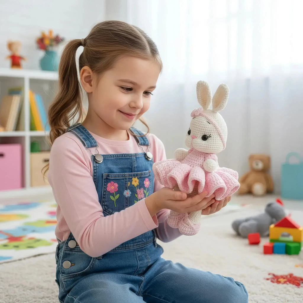 Handmade Crochet Ballerina Bunny Toy in Pink Dress