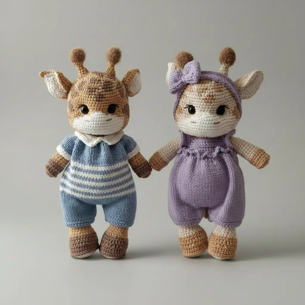 Handmade Crochet Giraffe Toy in Purple or Blue Jumpsuit