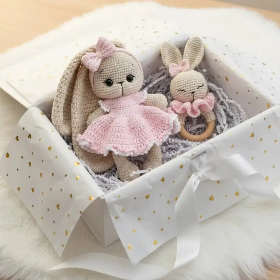 Handmade Crochet Newborn Bunny & Rattle Gift Set (2pc) – Pink Dress, Baby Shower Gift
