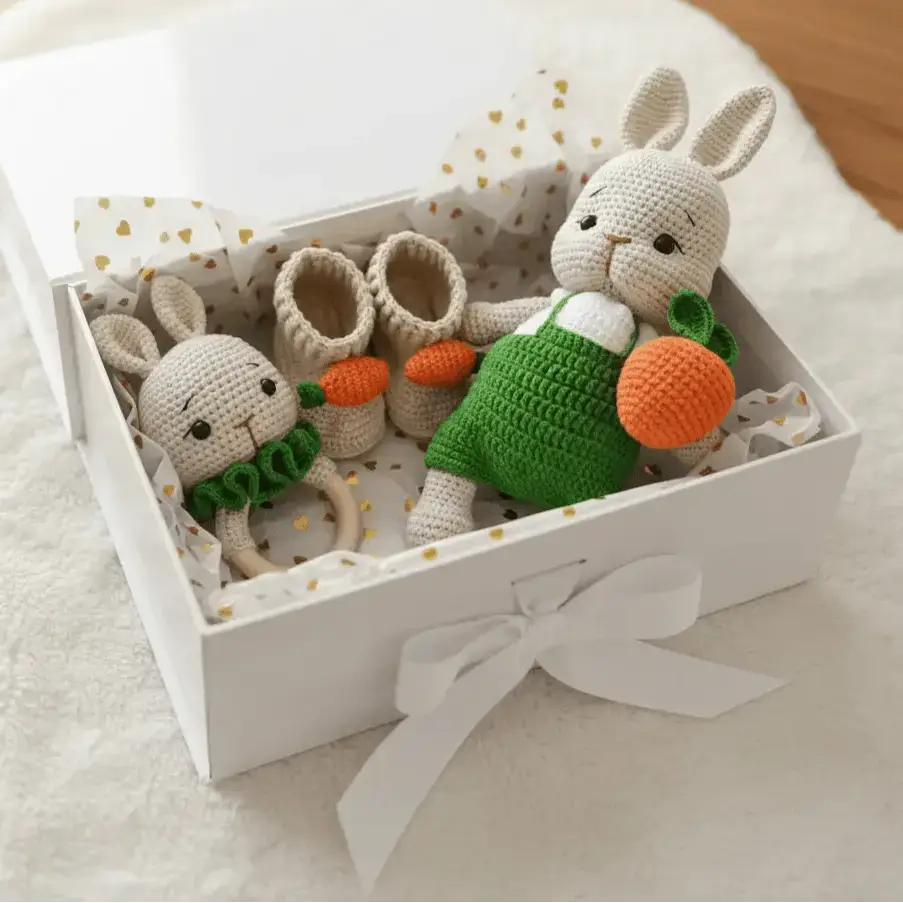 Handmade Crochet Bunny Toy in Green Jumpsuit with Carrot