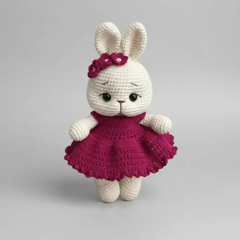Handmade Crochet Bunny Toy in Burgundy Dress