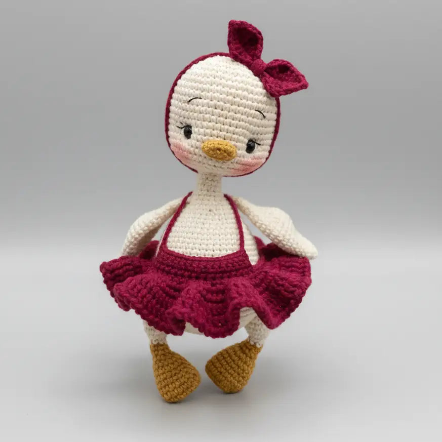 Handmade Crochet Duck Toy in Burgundy Dress