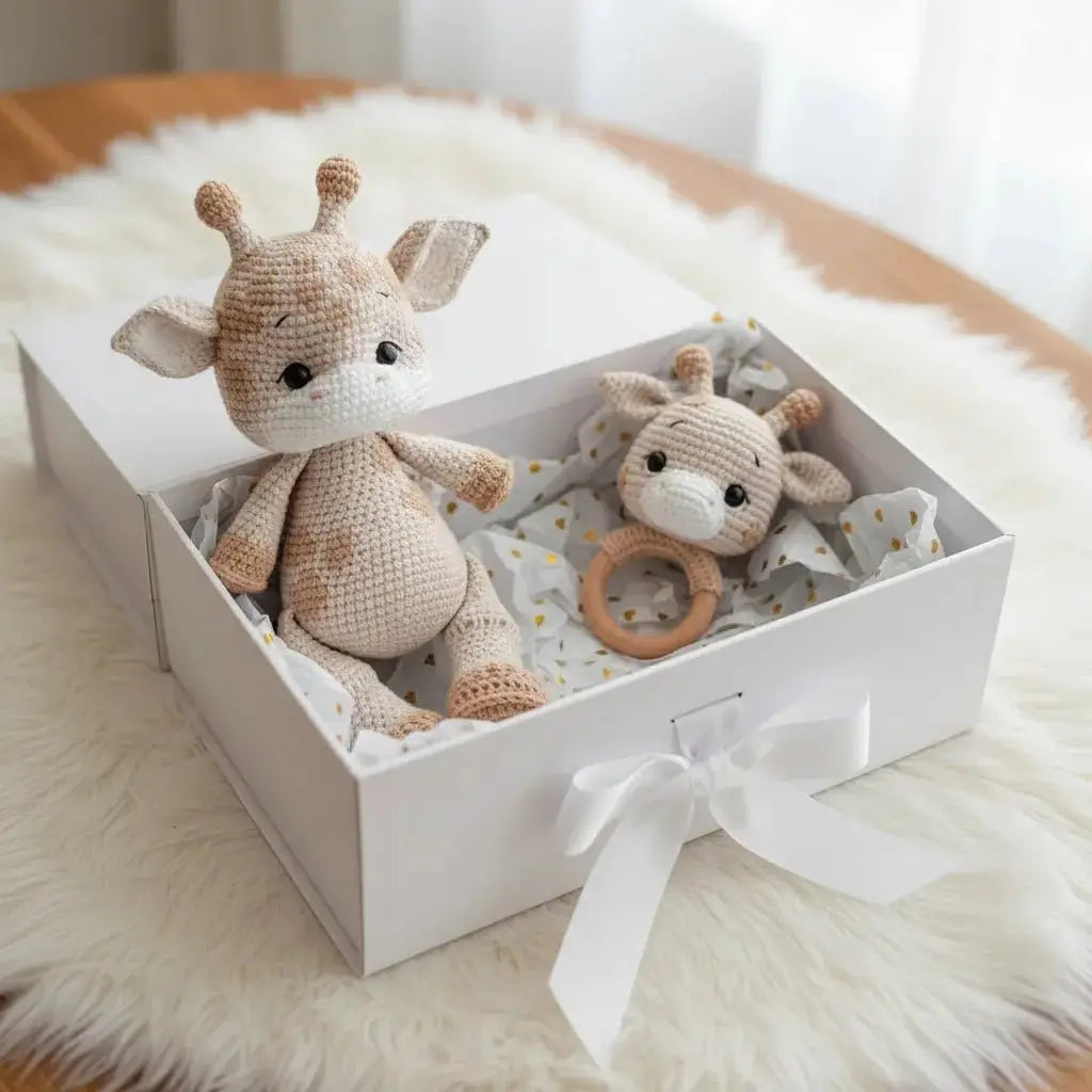 Handmade Crochet Newborn Giraffe & Rattle Gift Set (2pc) – Baby Shower Gift