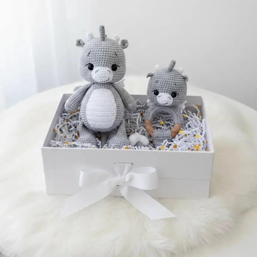 Handmade Crochet Newborn Grey Dino & Rattle Gift Set (2pc) – Baby Shower Gift