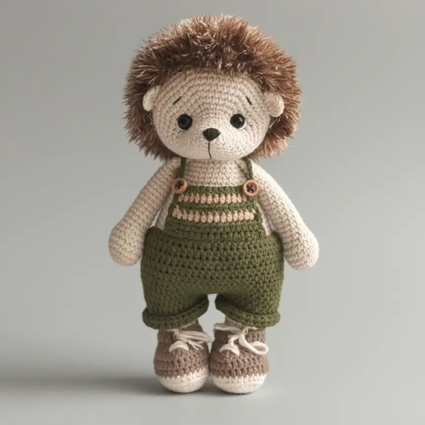 Handmade Crochet Hedgehog Toy in Green Jumpsuit