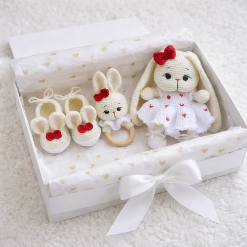 Crochet Cute Long Ear Bunny Toy with Fancy White Dress and Heart Details Toy Set 3pc