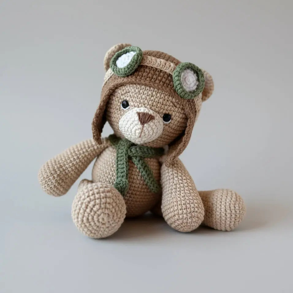 Handmade Crochet Newborn Pilot Teddy Bear & Rattle Gift Set (2pc) – Baby Shower Gift