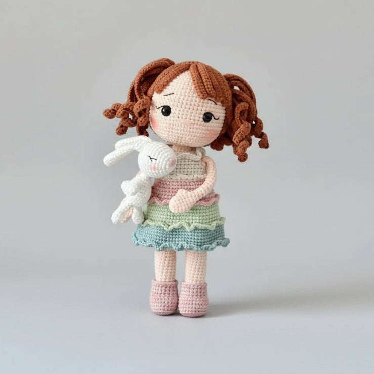 Handmade Crochet Rainbow Dress Girl Doll with Her Bunny Companion