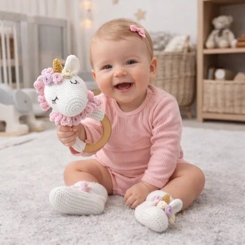 Crochet Cute Unicorn Rattle and Unicorn Baby Booties Gift Set 2pc