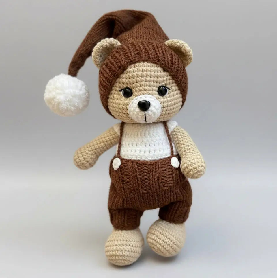 Handmade Crochet Teddy Bear Toy in Brown Jumpsuit and Pom-Pom Hat