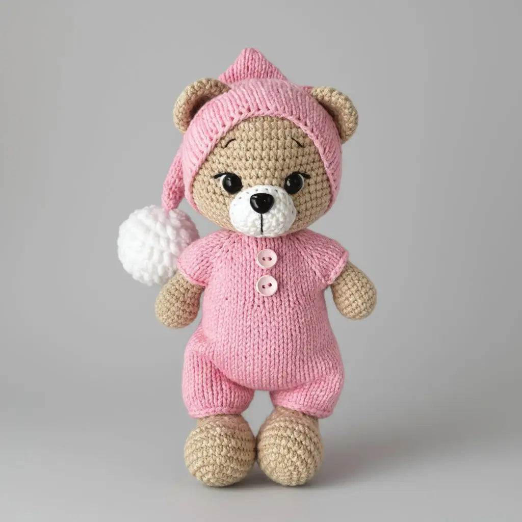 Handmade Crochet Teddy Bear Toy in Pink Jumper and Pom-Pom Hat