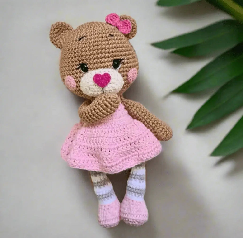 Handmade Crochet Teddy Bear Toy in Pink Dress