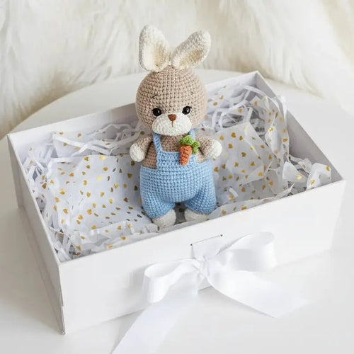 Handmade Crochet Bunny Toy in Blue Jumpsuit