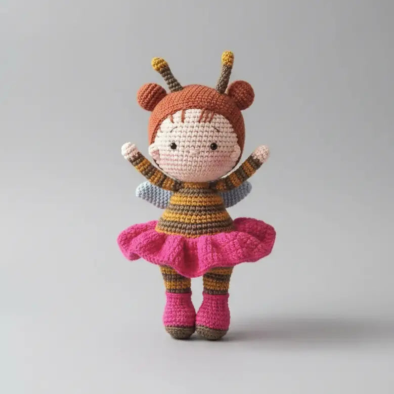 Handmade Crochet Girl Doll – Bee Outfit with Pink Skirt, Gift for Kids