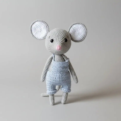 Handmade Crochet Big Ear Mouse Toy in Blue Jumpsuit