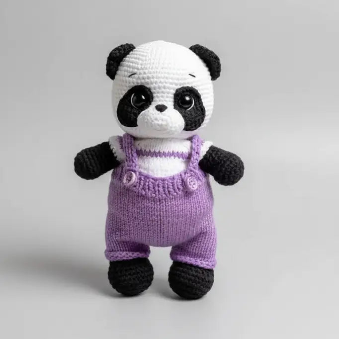 Handmade Crochet Panda Toy in Purple Jumpsuit