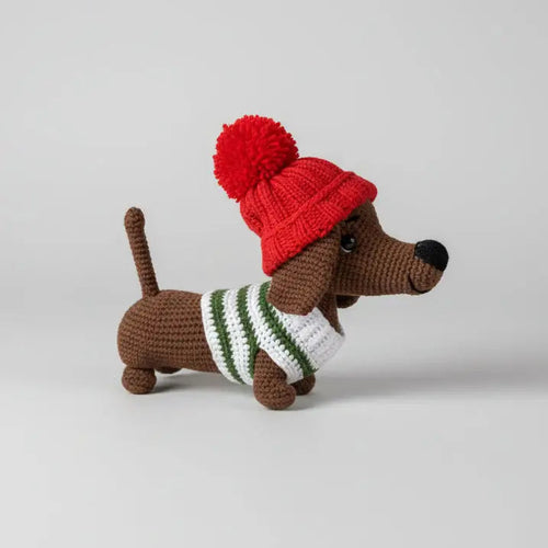 Crochet Dachshund Dog Toy, Sausage Dog Amigurumi with Red Hat, Gift for Dog Lovers