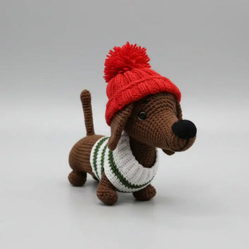 Crochet Dachshund Dog Toy, Sausage Dog Amigurumi with Red Hat, Gift for Dog Lovers
