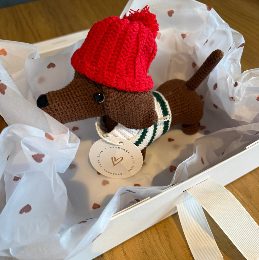 Crochet Dachshund Dog Toy, Sausage Dog Amigurumi with Red Hat, Gift for Dog Lovers