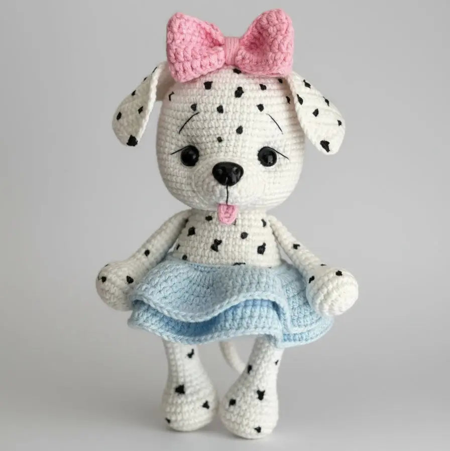 Handmade Crochet Dalmatian Dog Toy in Blue Skirt