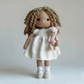 Handmade Crochet Doll in White Dress with Curly Hair & Teddy Bear