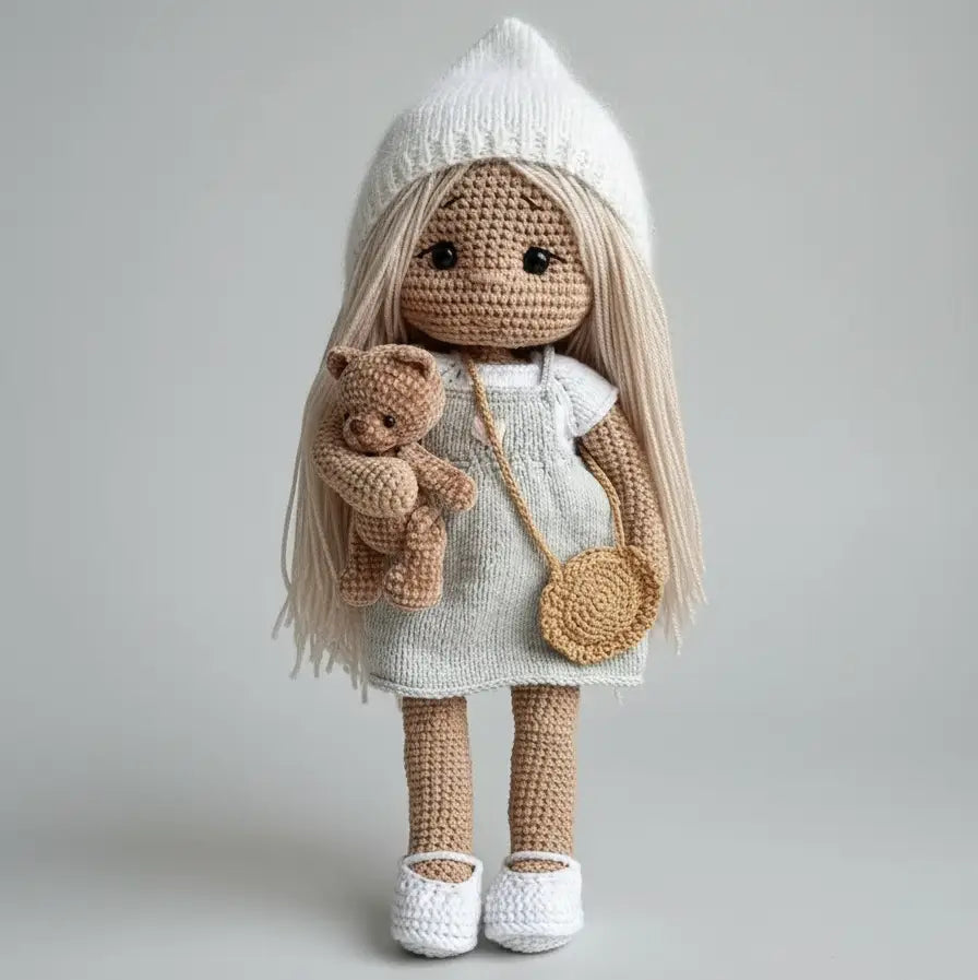 Handmade Crochet Doll with Special Fancy Grey Dress and White Knit Hat, Gift for Kids
