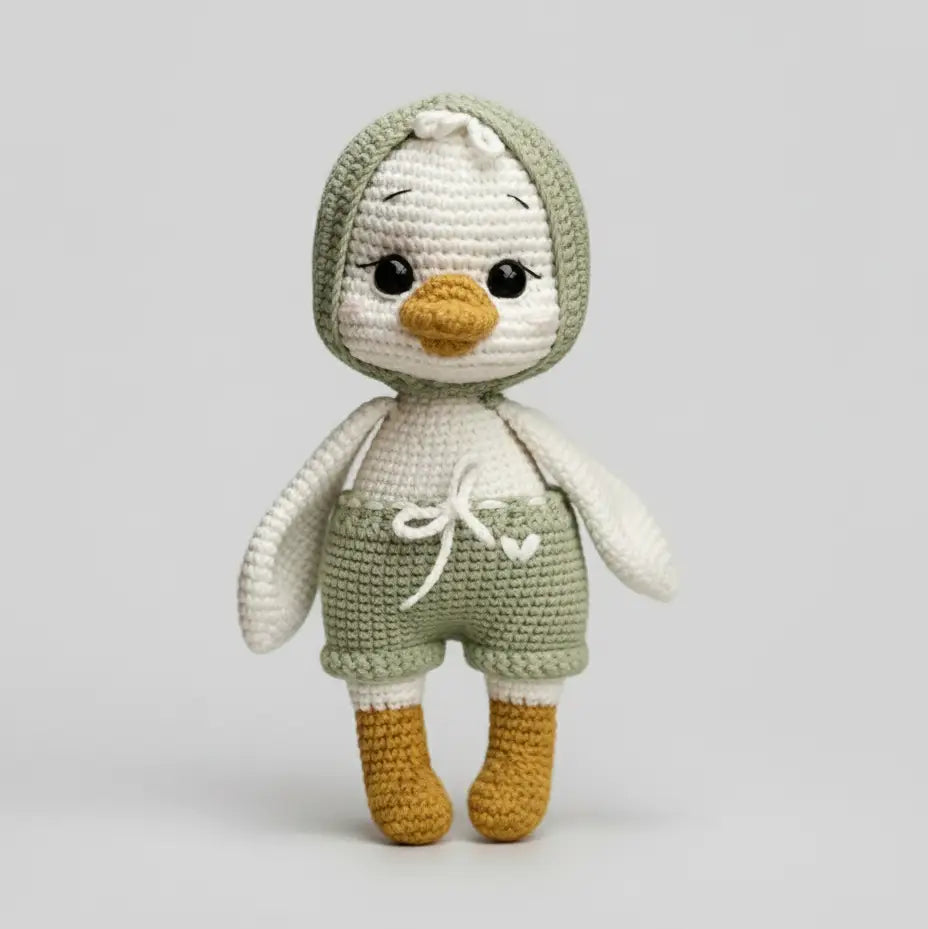 Handmade Crochet Duck Toy in Green Jumpsuit