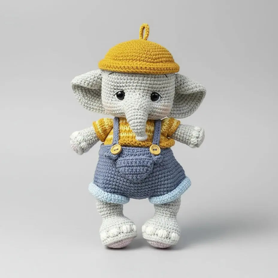 Handmade Crochet Elephant Toy in Blue Jumpsuit and Yellow Hat