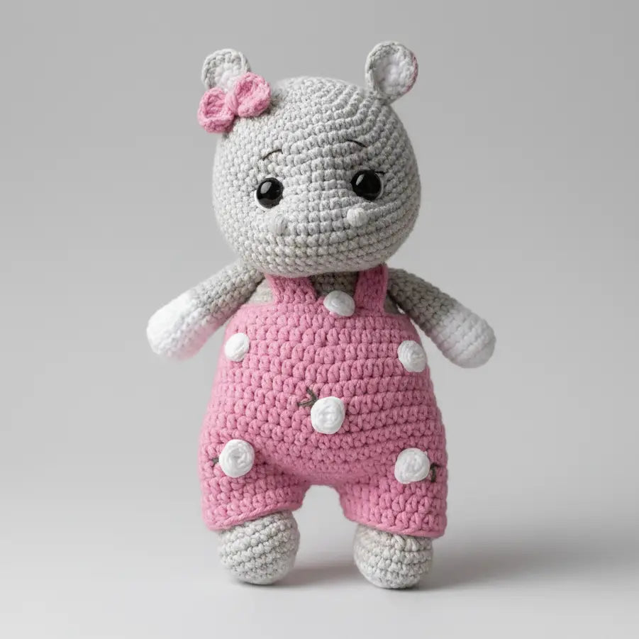 Handmade Crochet Hippo Toy in Pink Jumpsuit