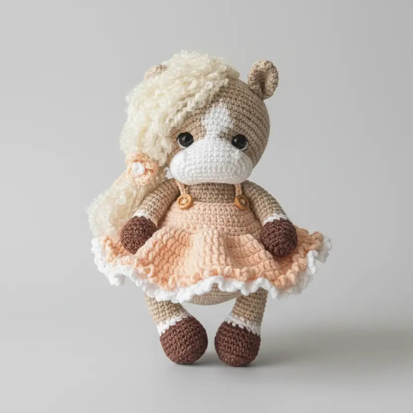 Handmade Crochet Horse Toy in Peach Skirt