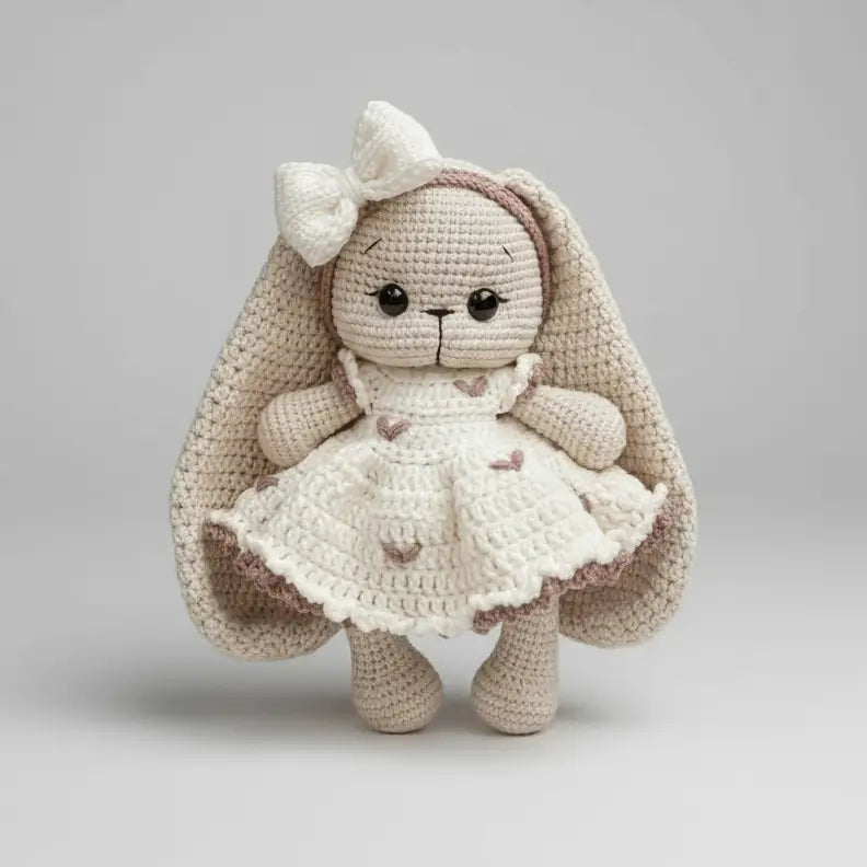 Handmade Crochet Long Ear Bunny Toy in Cream Dress