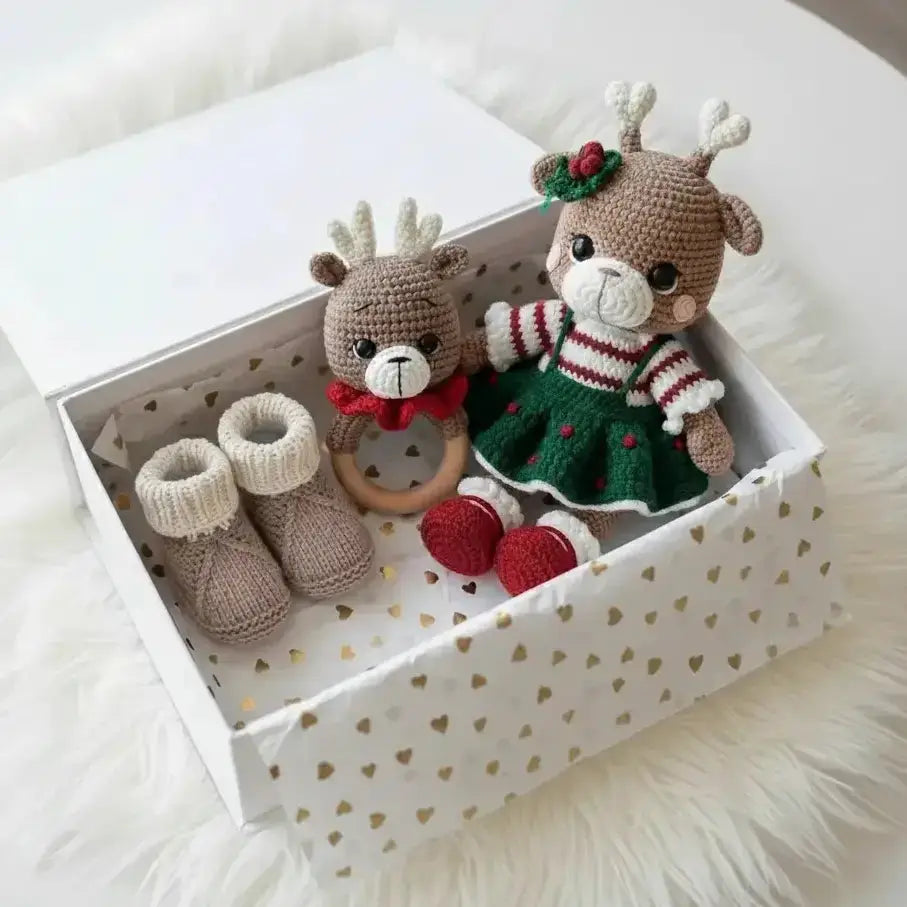 Handmade Crochet Reindeer Toy in Xmas Dress