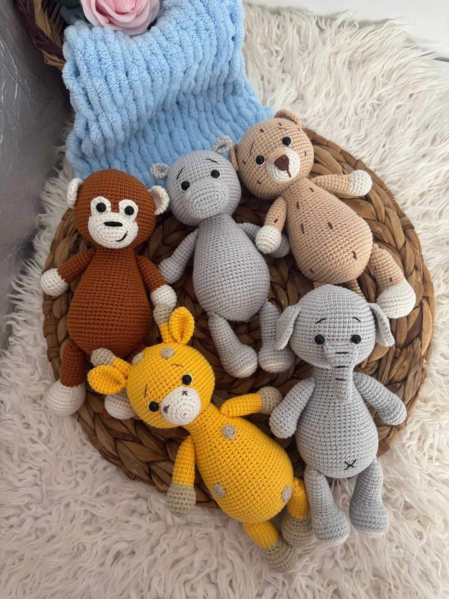 Handmade Crochet Safari Animals - Zebra, Elephant, Monkey, Tiger, Lion, Giraffe, Hippo, Leopar