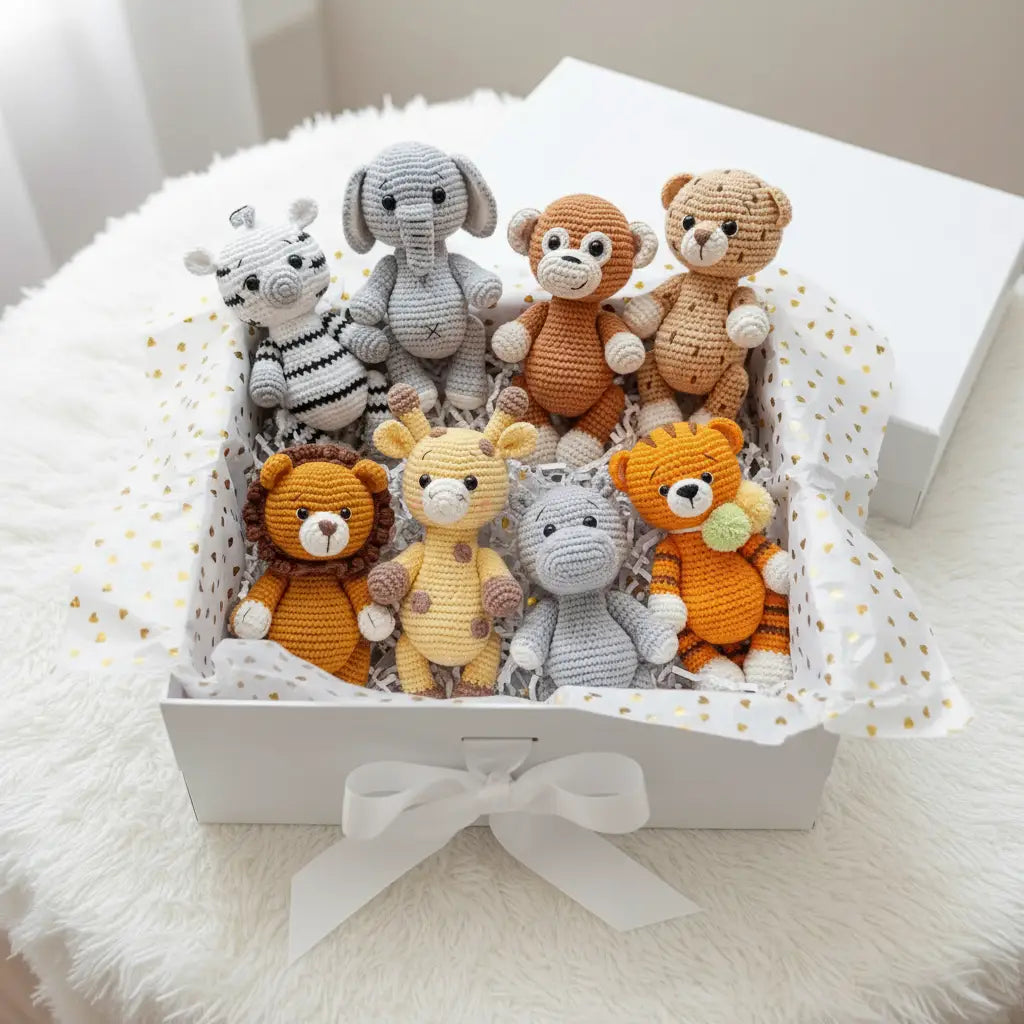 Handmade Crochet Safari Animals - Zebra, Elephant, Monkey, Tiger, Lion, Giraffe, Hippo, Leopar