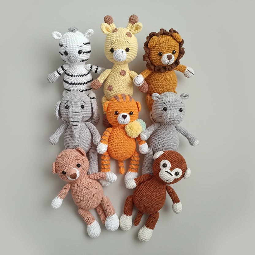 Handmade Crochet Safari Animals - Zebra, Elephant, Monkey, Tiger, Lion, Giraffe, Hippo, Leopar