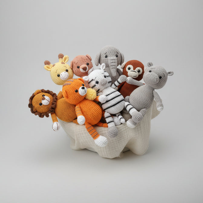 Handmade Crochet Safari Animals - Zebra, Elephant, Monkey, Tiger, Lion, Giraffe, Hippo, Leopar