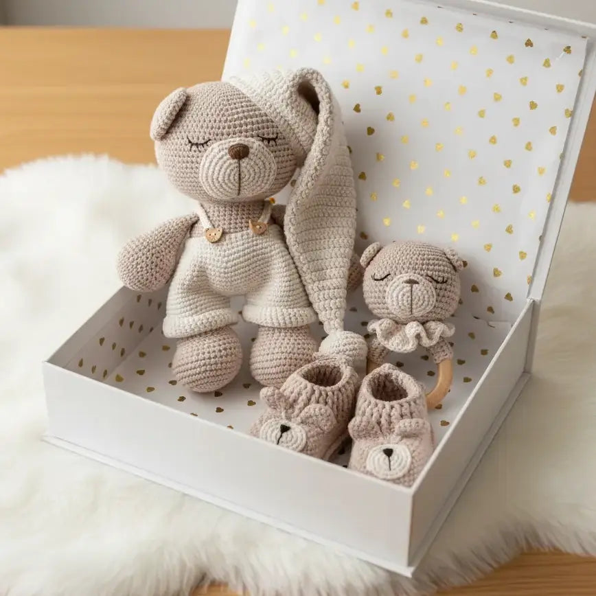 Handmade Crochet Newborn Sleeping Teddy Bear Gift Set (3pc) – Baby Shower Gift