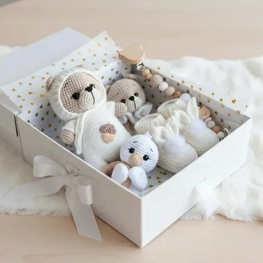Handmade Crochet Newborn Teddy Bear Gift Set (5pc) – Baby Shower Gift