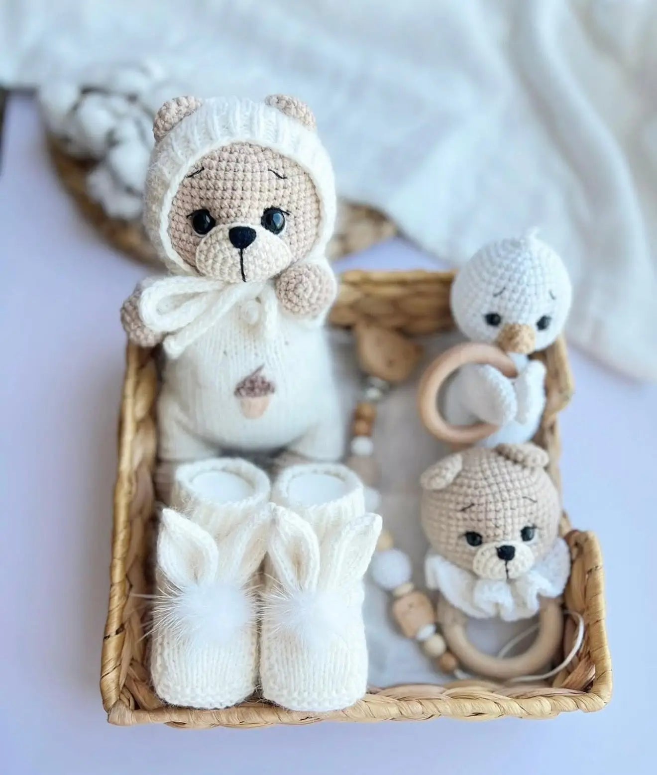 Handmade Crochet Newborn Teddy Bear Gift Set (5pc) – Baby Shower Gift