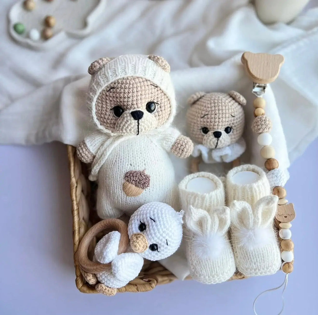 Handmade Crochet Newborn Teddy Bear Gift Set (5pc) – Baby Shower Gift