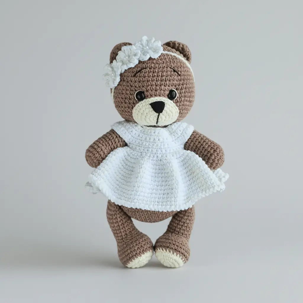 Handmade Crochet Teddy Bear Toy in White Dress