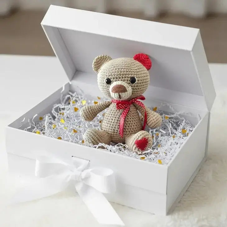 Handmade Crochet Teddy Bear – Valentine Crochet Animal Toy with Heart Feet & Red Bow