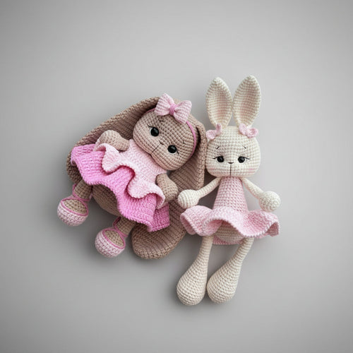 Handmade Crochet Bunny Duo – Crochet Animal Rabbit Toys in Pink Dresses (Set of 2)