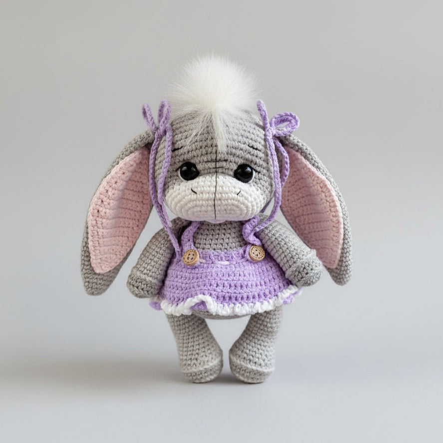 Handmade Crochet Donkey Toy in Purple Hoodie