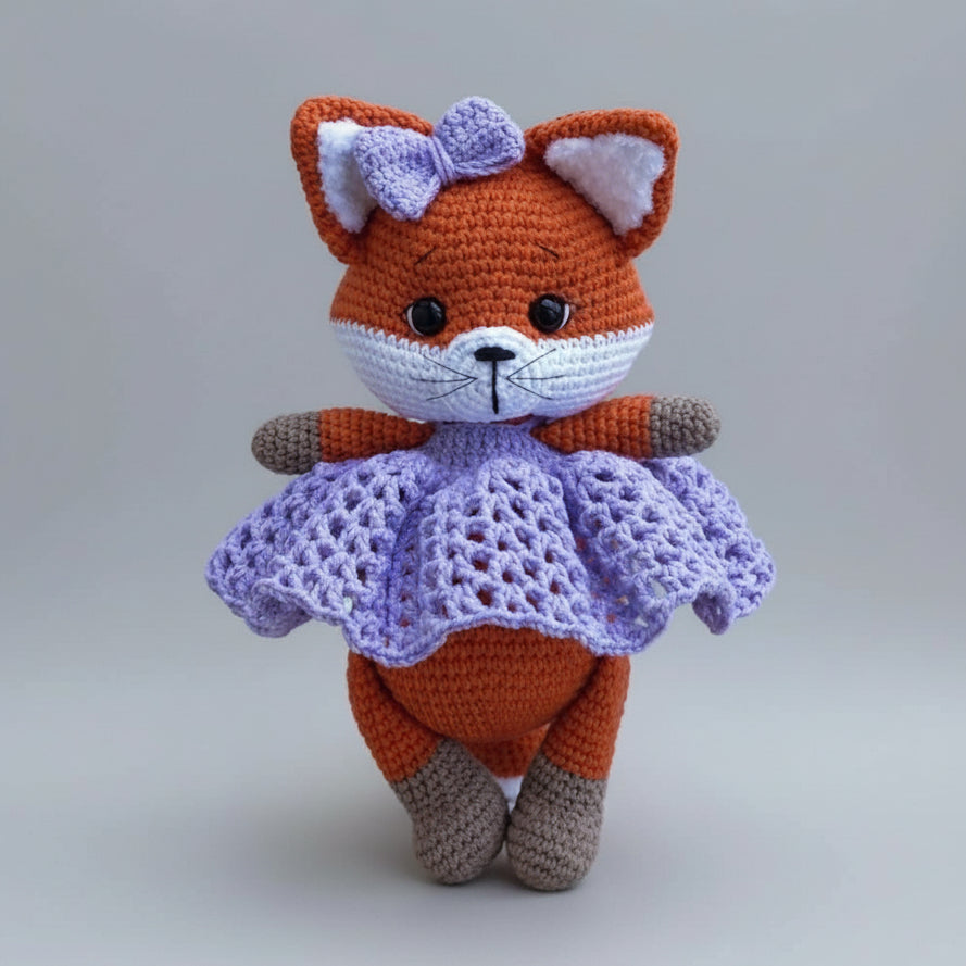 Handmade Crochet Fox Toy in Purple Dress