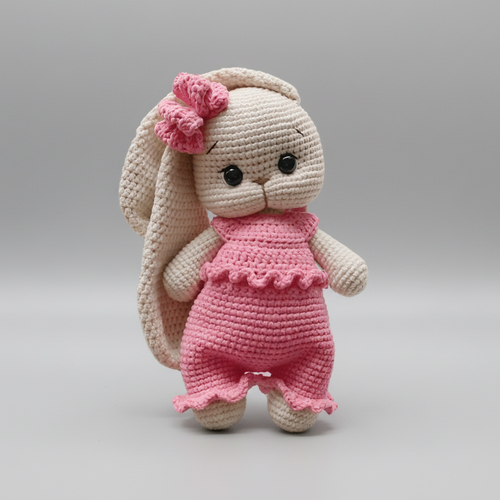 Handmade Crochet Bunny Long Ear in Pink Jumpsuit