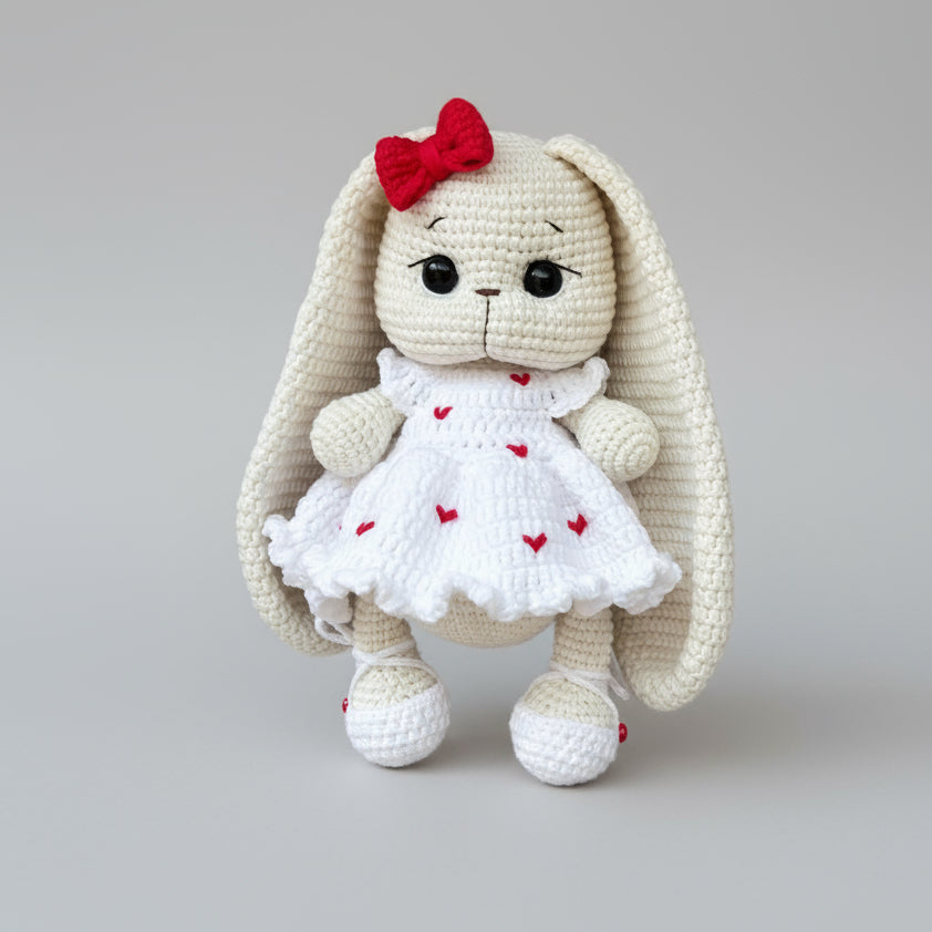 Handmade Crochet Long Ear Bunny Toy in White Dress